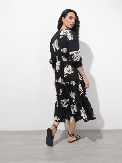 Black V-Neck Midi Rayon Dress