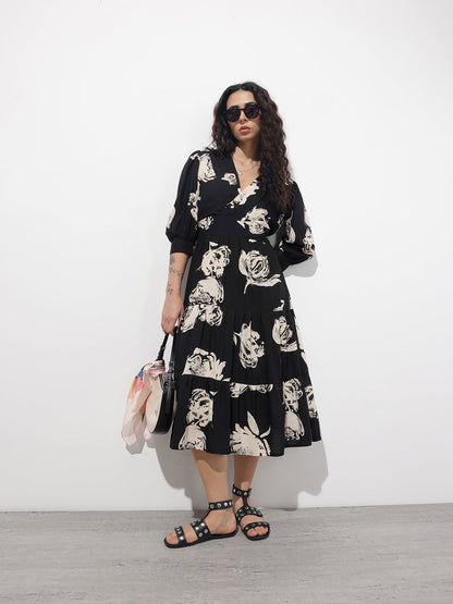 Black V-Neck Midi Rayon Dress
