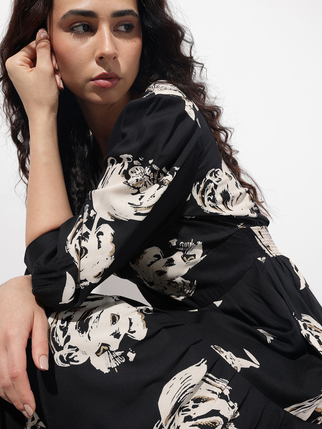 Black V-Neck Midi Rayon Dress