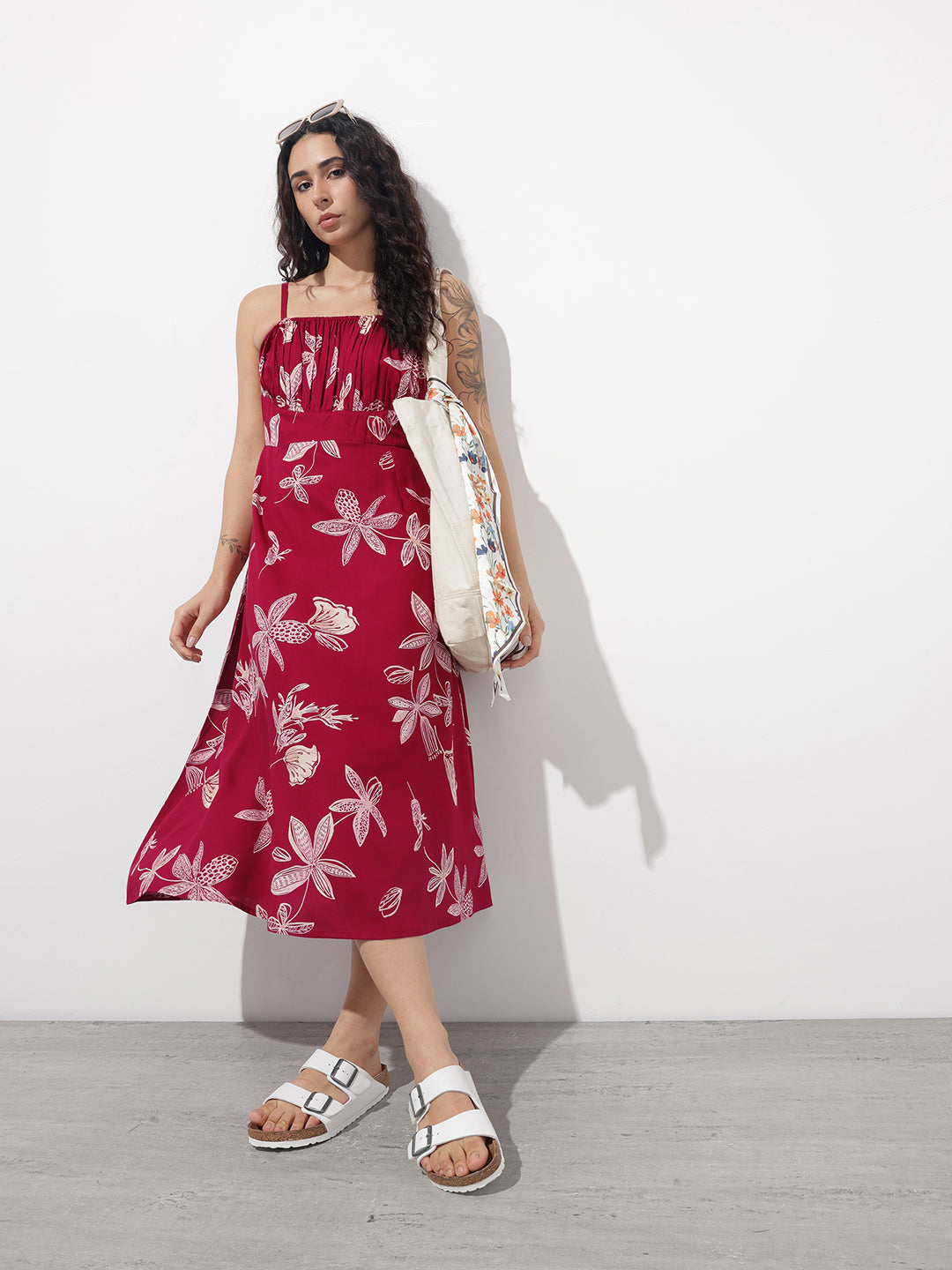 Maroon Shoulder Strapes Fit & Flared Rayon Dress