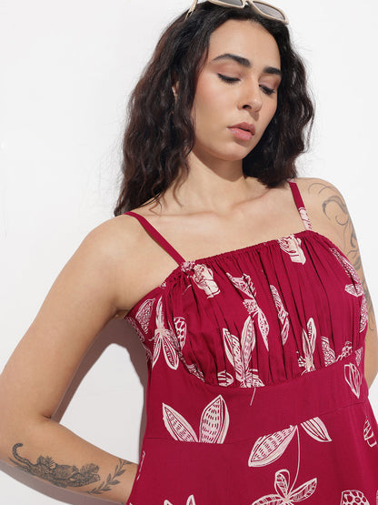 Maroon Shoulder Strapes Fit & Flared Rayon Dress