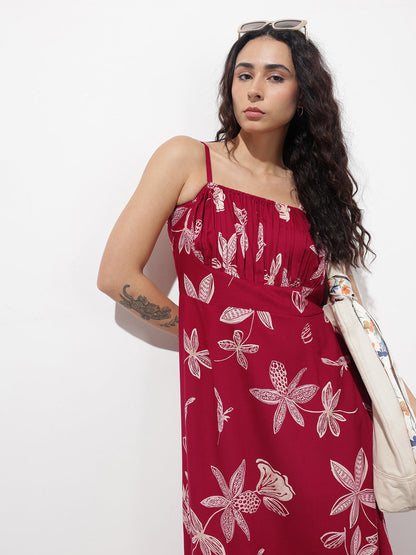 Maroon Shoulder Strapes Fit & Flared Rayon Dress