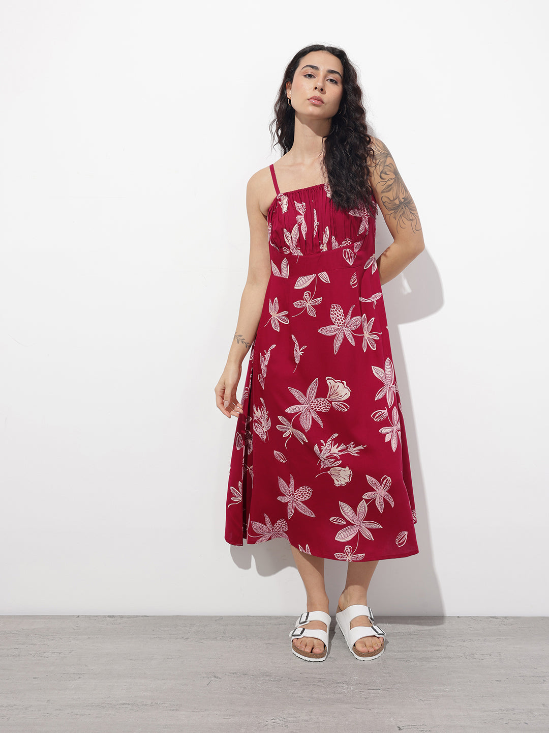 Maroon Shoulder Strapes Fit & Flared Rayon Dress