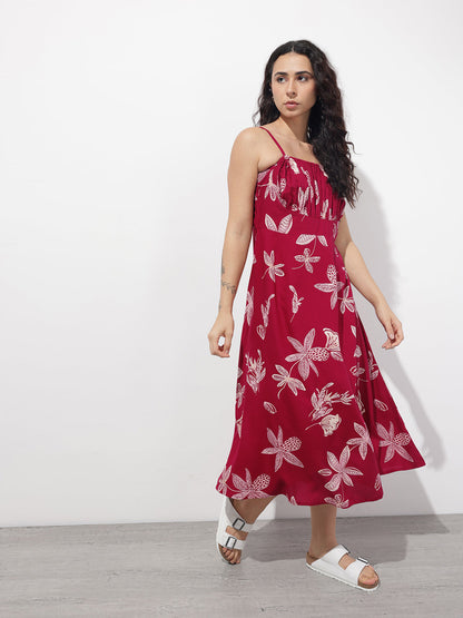Maroon Shoulder Strapes Fit & Flared Rayon Dress