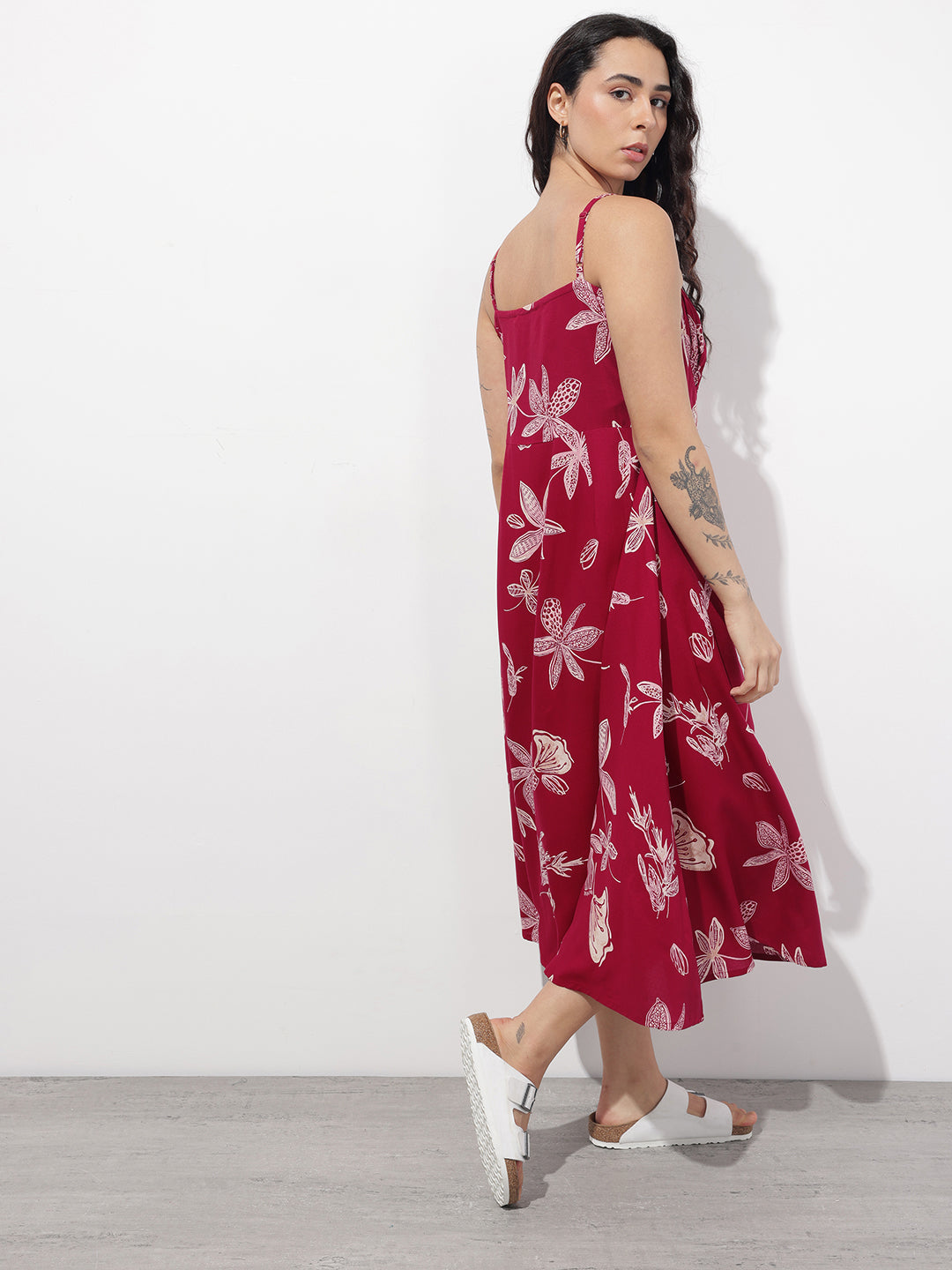 Maroon Shoulder Strapes Fit & Flared Rayon Dress
