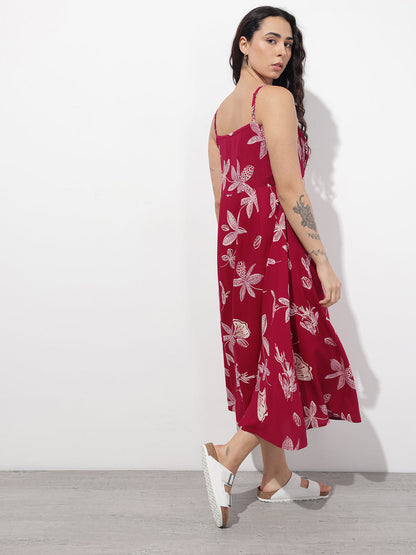 Maroon Shoulder Strapes Fit & Flared Rayon Dress