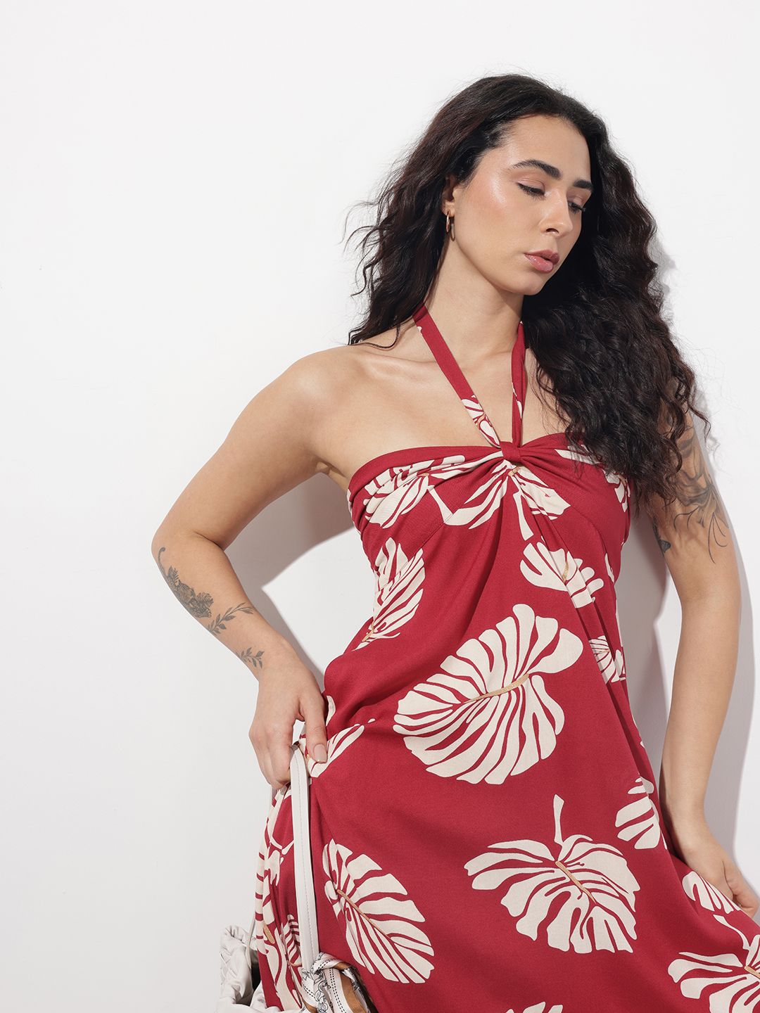 Maroon Shoulder Strapes Fit & Flared Rayon Dress
