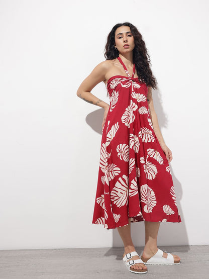 Maroon Shoulder Strapes Fit & Flared Rayon Dress