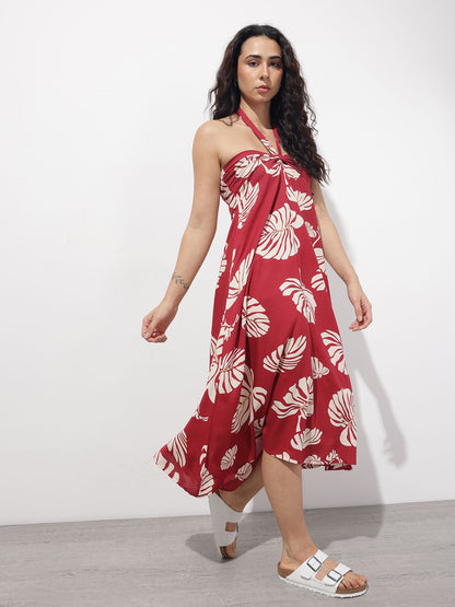Maroon Shoulder Strapes Fit & Flared Rayon Dress