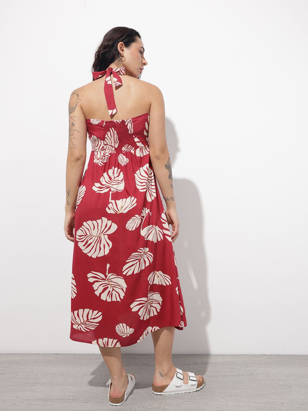 Maroon Shoulder Strapes Fit & Flared Rayon Dress
