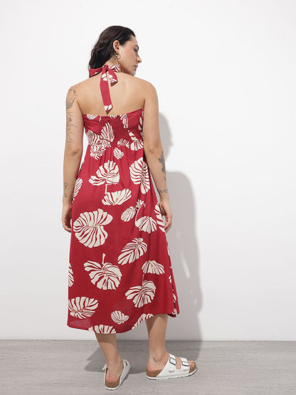 Maroon Shoulder Strapes Fit & Flared Rayon Dress