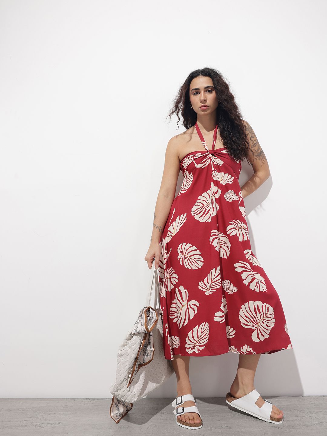 Maroon Shoulder Strapes Fit & Flared Rayon Dress