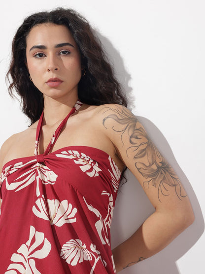 Maroon Shoulder Strapes Fit & Flared Rayon Dress