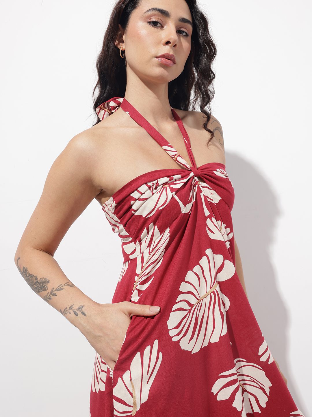 Maroon Shoulder Strapes Fit & Flared Rayon Dress