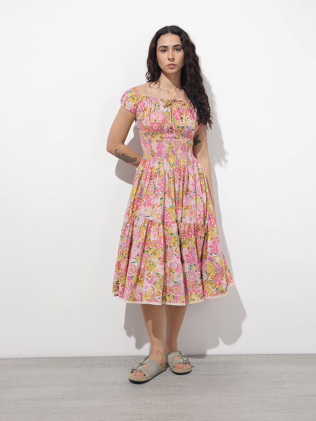 Baby Pink Shoulder Strapes Fit & Flared Cotton Dress