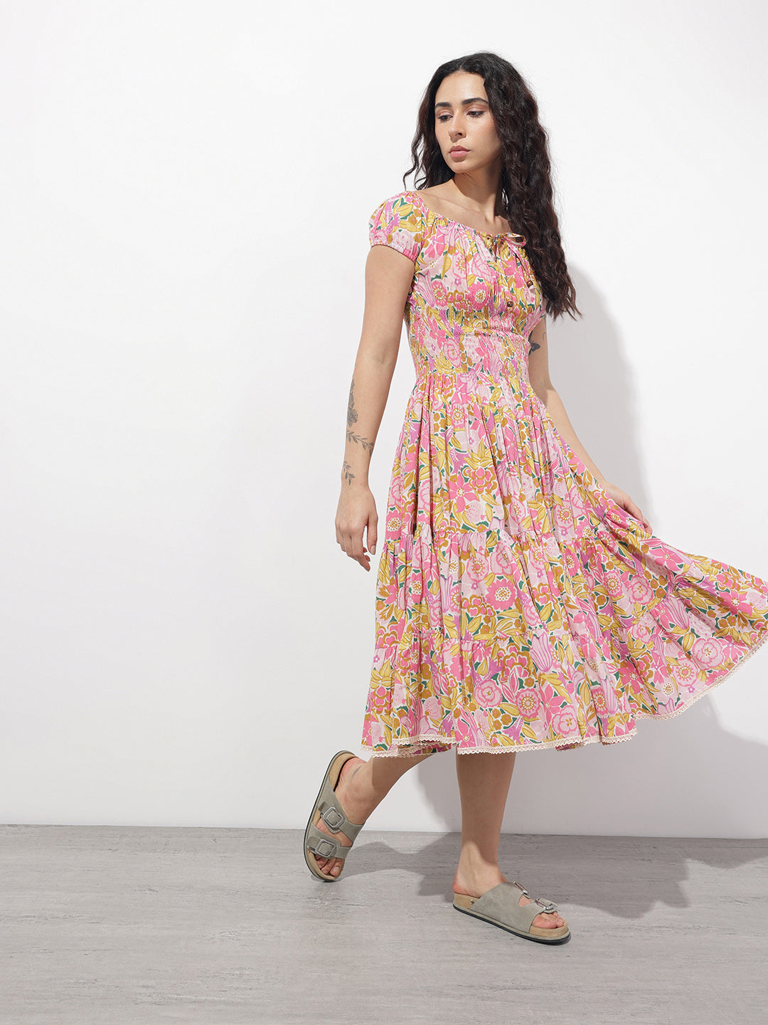 Baby Pink Shoulder Strapes Fit & Flared Cotton Dress