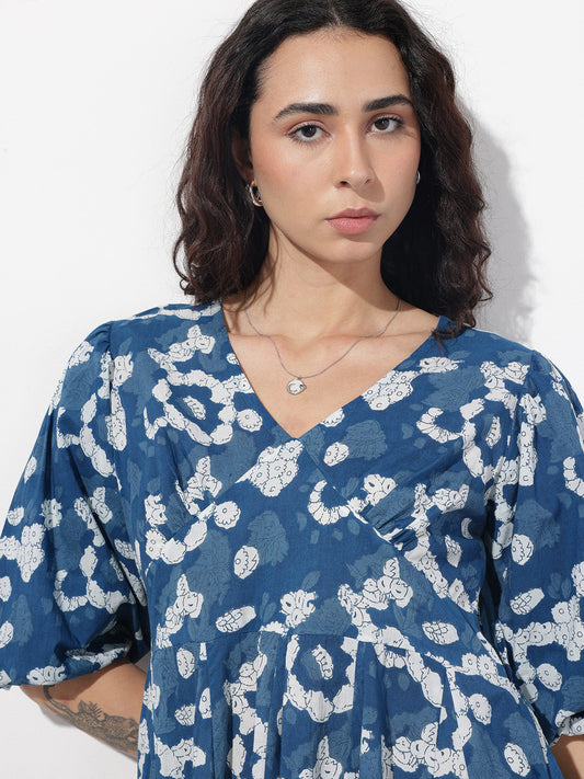 Blue V-Neck Short Bell Sleeves Mini Cotton Dress