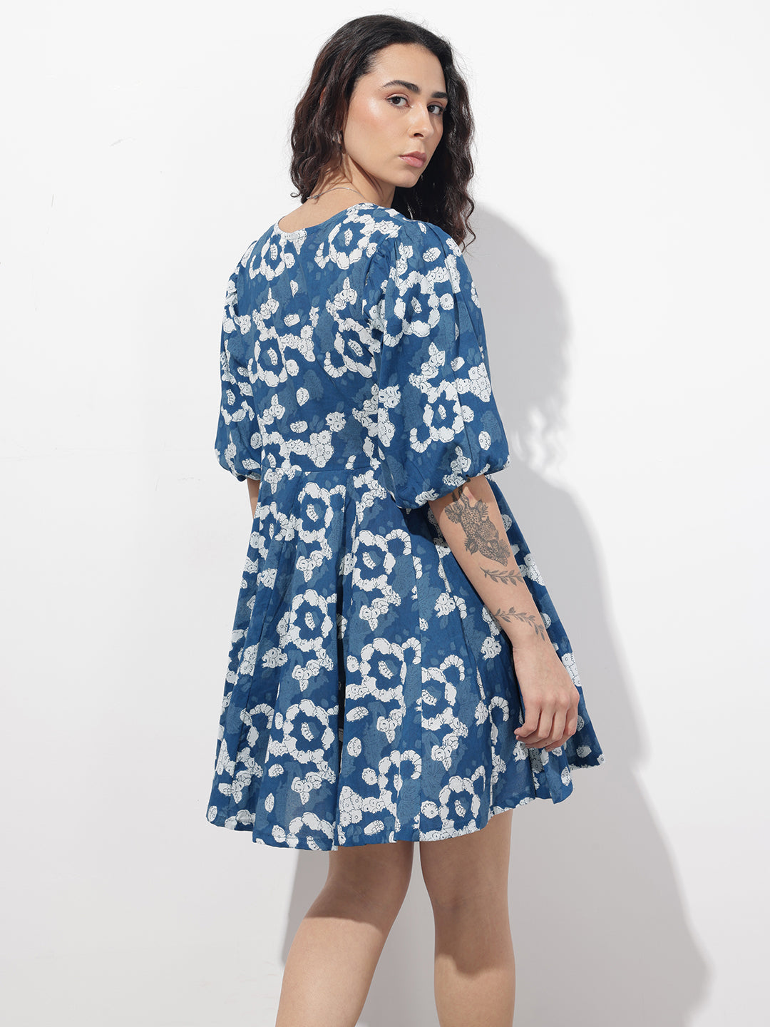 Blue V-Neck Short Bell Sleeves Mini Cotton Dress