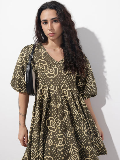 Brown V-Neck Short Bell Sleeves Mini Cotton Dress