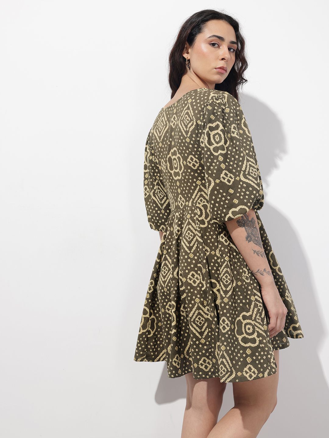 Brown V-Neck Short Bell Sleeves Mini Cotton Dress
