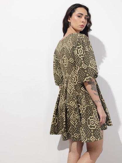 Brown V-Neck Short Bell Sleeves Mini Cotton Dress