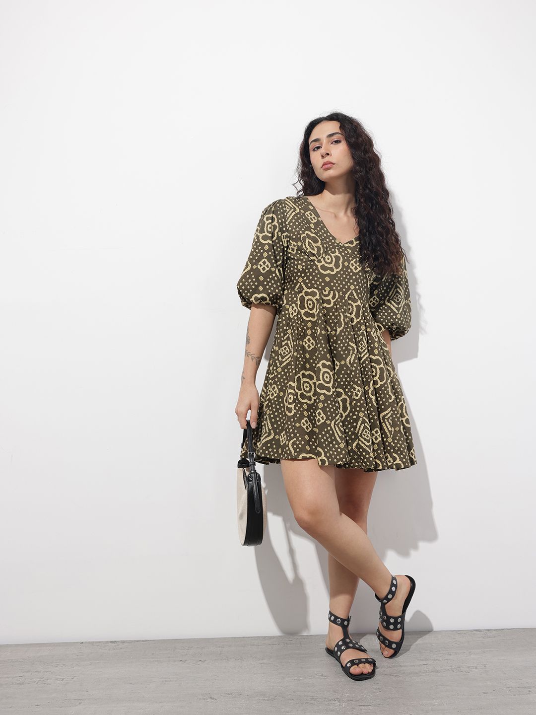 Brown V-Neck Short Bell Sleeves Mini Cotton Dress