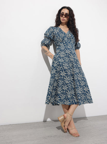Blue V-Neck Midi Cotton Dress