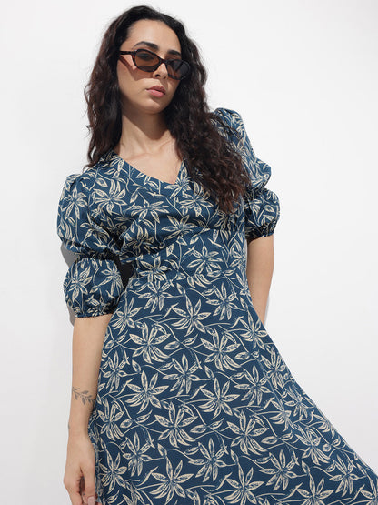 Blue V-Neck Midi Cotton Dress