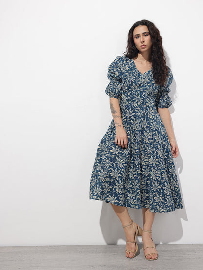Blue V-Neck Midi Cotton Dress