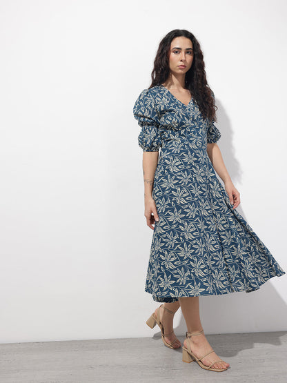 Blue V-Neck Midi Cotton Dress