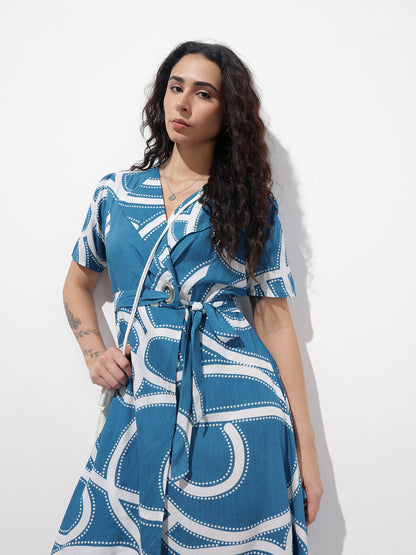 Blue Lepal Neck Abstract Print Rayon Midi Dress