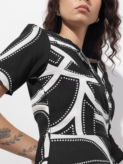 Black Lepal Neck Abstract Print Rayon Midi Dress