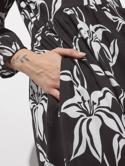 Black Shirt Coller Mulmul Linning Cotton Dress