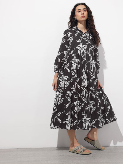 Black Shirt Coller Mulmul Linning Cotton Dress