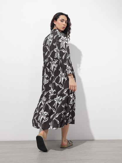 Black Shirt Coller Mulmul Linning Cotton Dress