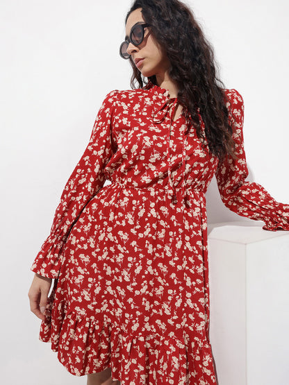Maroon Round Neck Floral Print Rayon Midi Dress