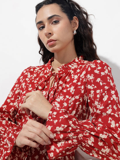 Maroon Round Neck Floral Print Rayon Midi Dress