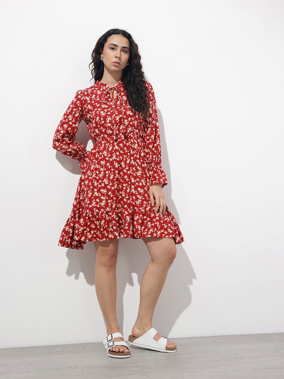Maroon Round Neck Floral Print Rayon Midi Dress