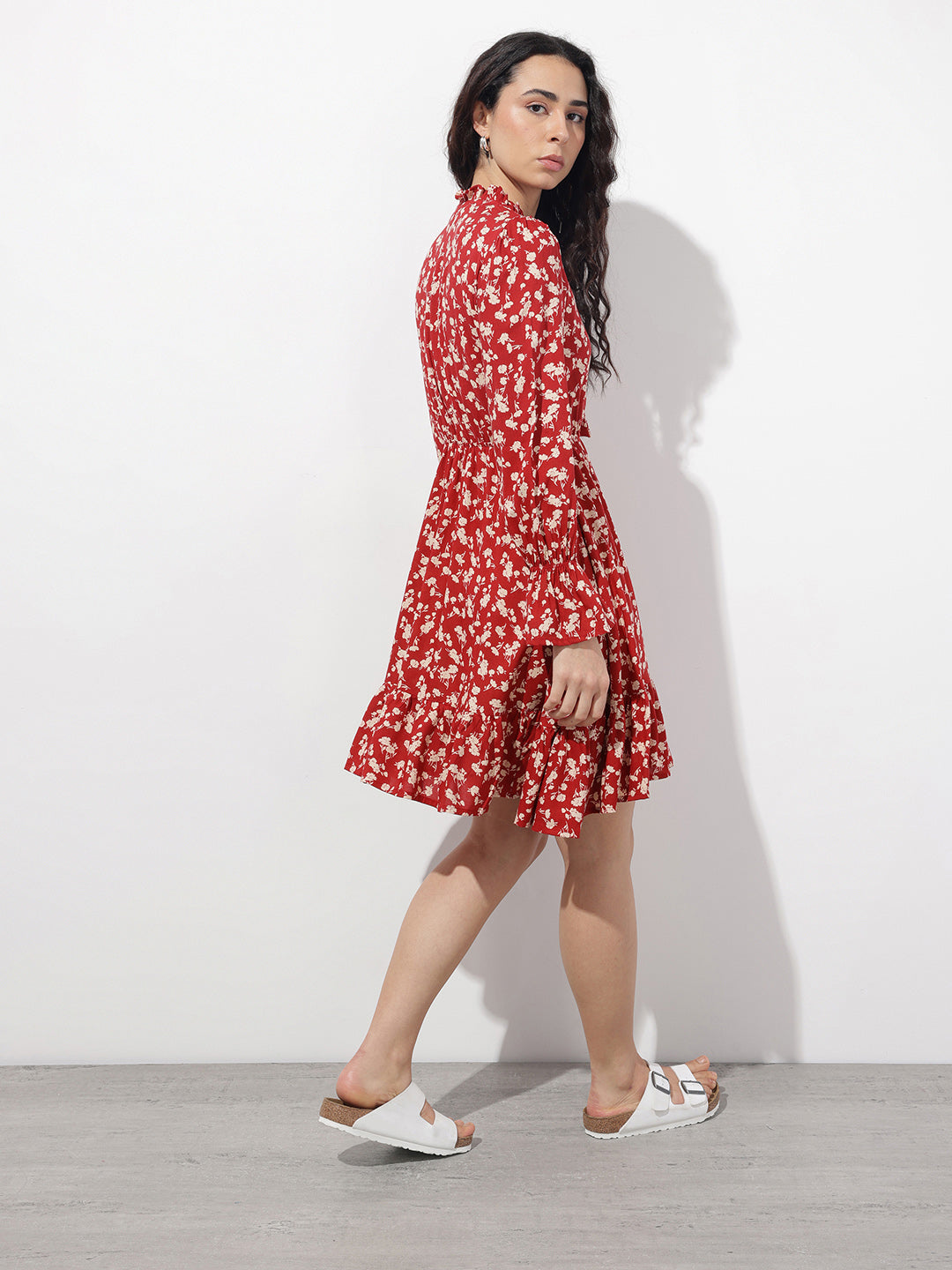 Maroon Round Neck Floral Print Rayon Midi Dress