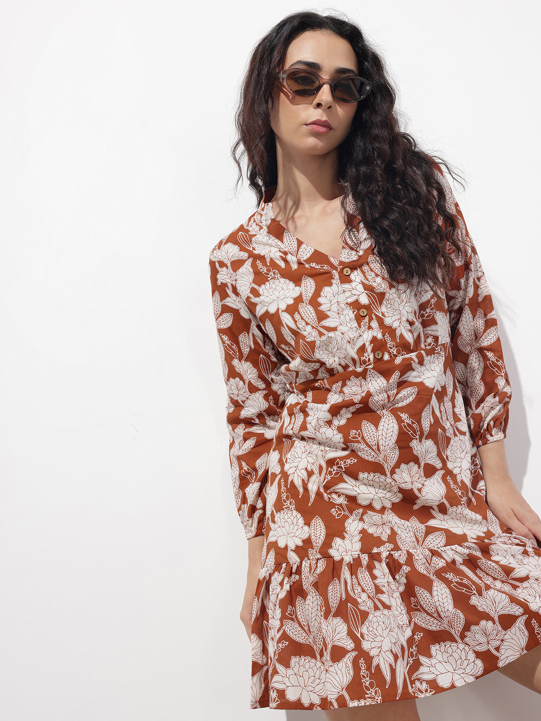 Orange Mandarin Collar Cotton Midi Dress