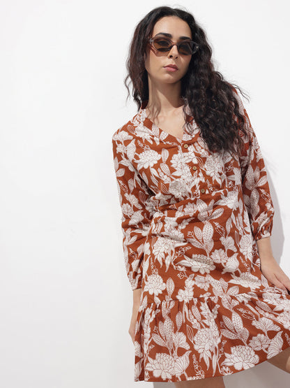 Orange Mandarin Collar Cotton Midi Dress