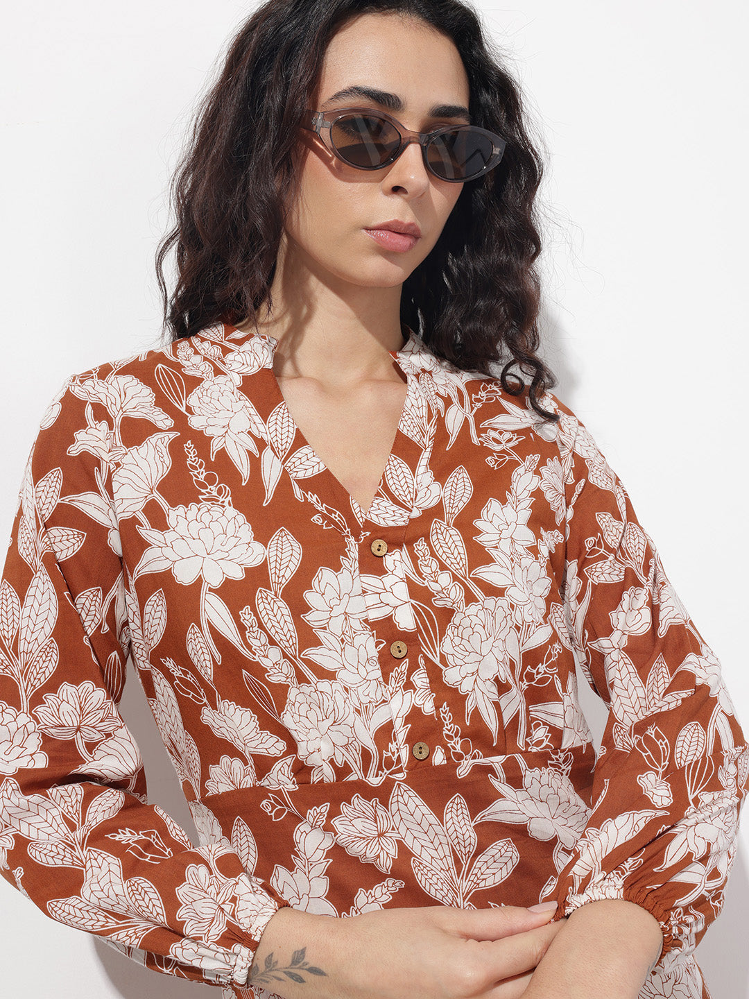 Orange Mandarin Collar Cotton Midi Dress
