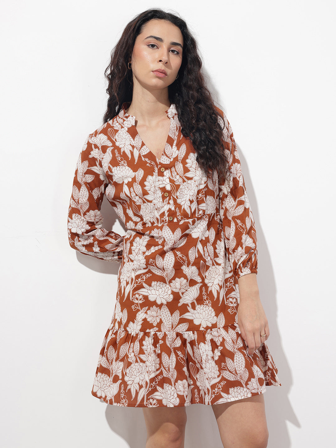 Orange Mandarin Collar Cotton Midi Dress