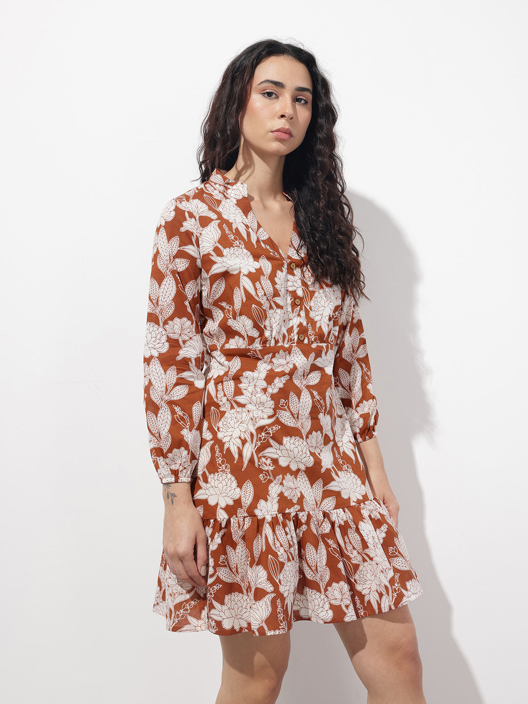 Orange Mandarin Collar Cotton Midi Dress