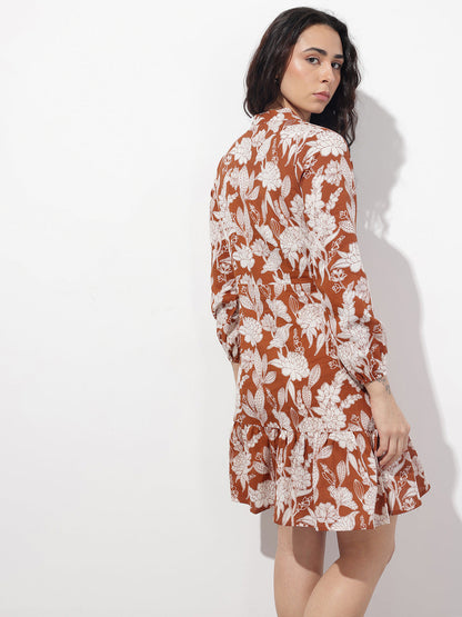 Orange Mandarin Collar Cotton Midi Dress
