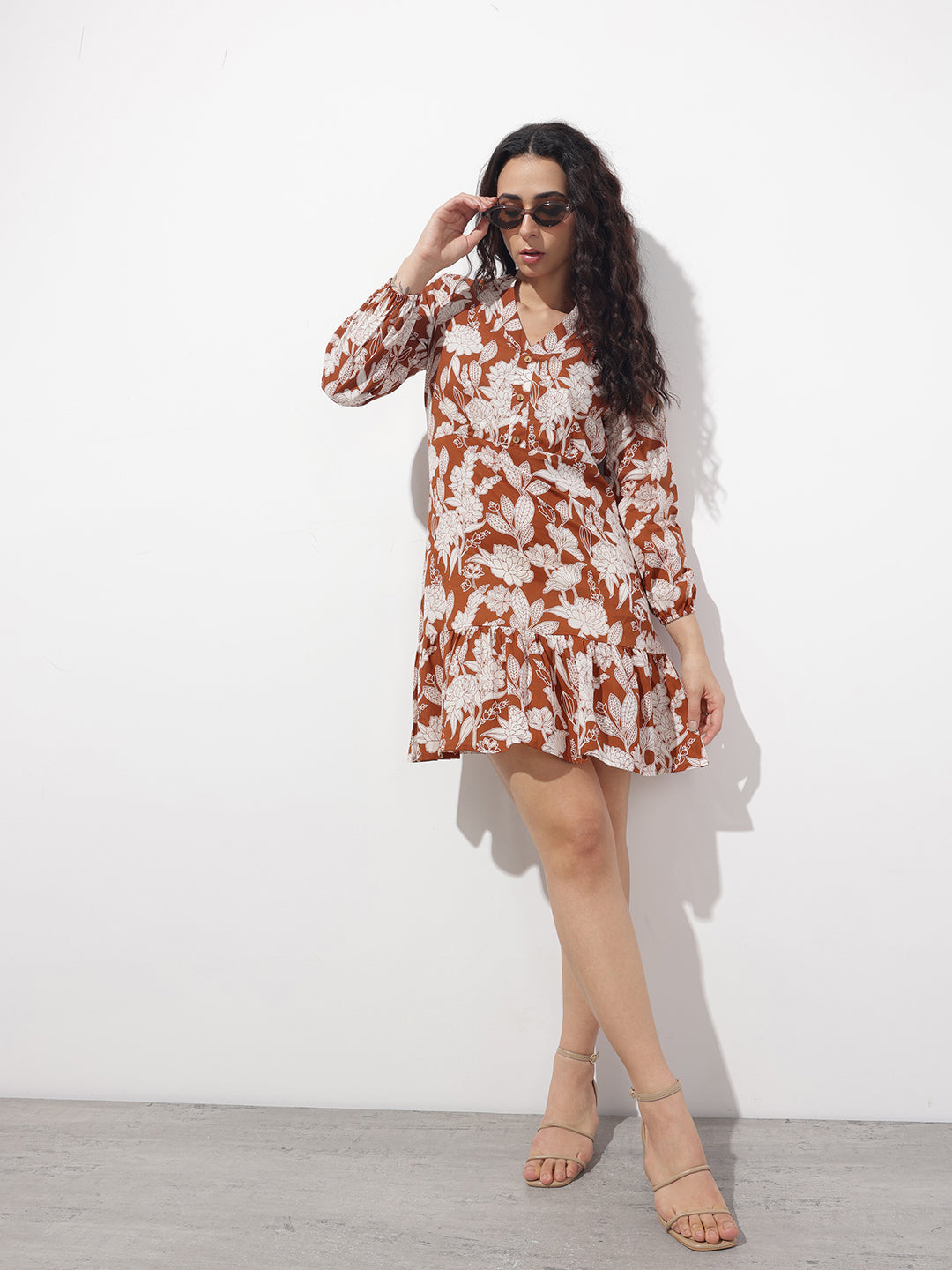 Orange Mandarin Collar Cotton Midi Dress