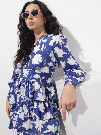 Blue V-Neck Cotton Midi Dress