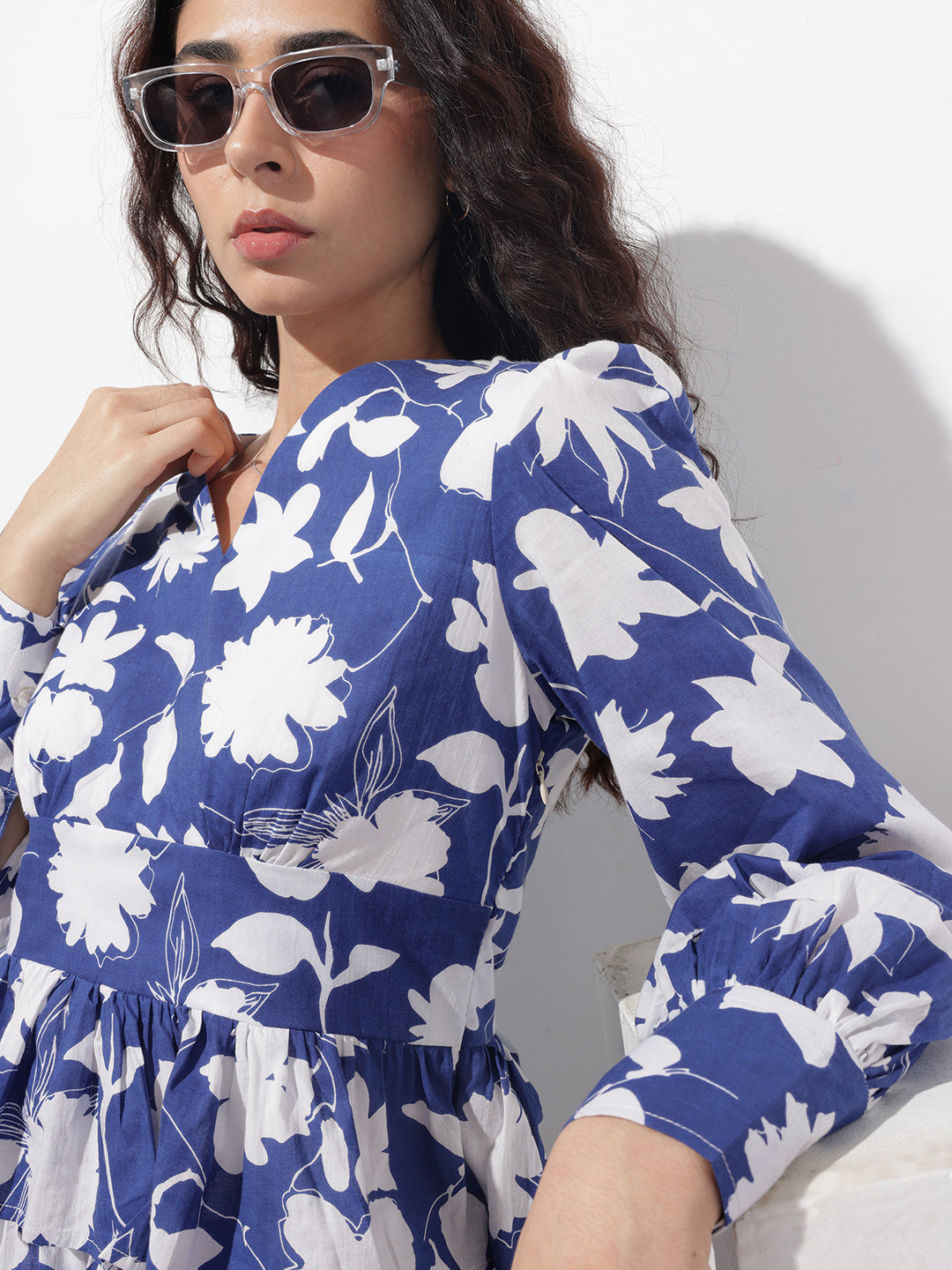 Blue V-Neck Cotton Midi Dress