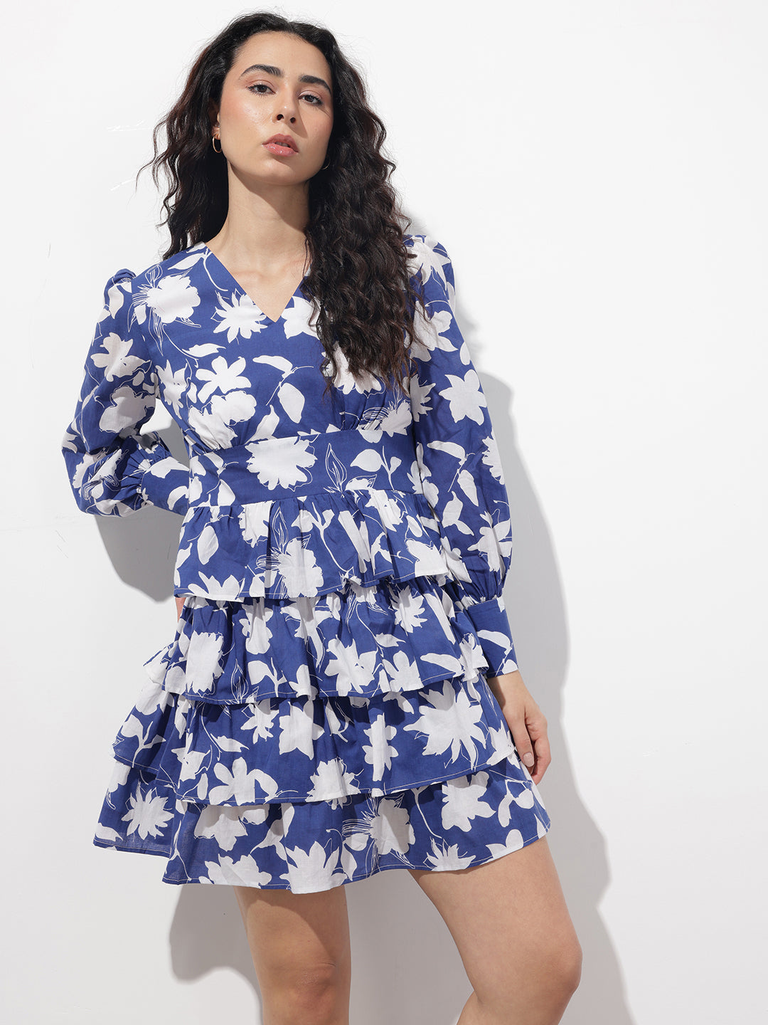 Blue V-Neck Cotton Midi Dress