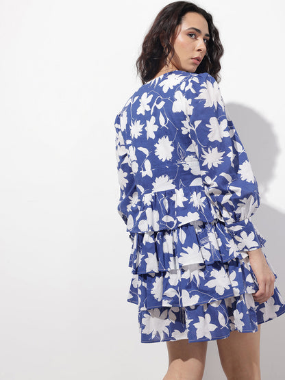 Blue V-Neck Cotton Midi Dress
